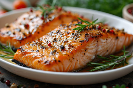 Two pieces of salmon are on a plate with herbs and spices, AIの素材