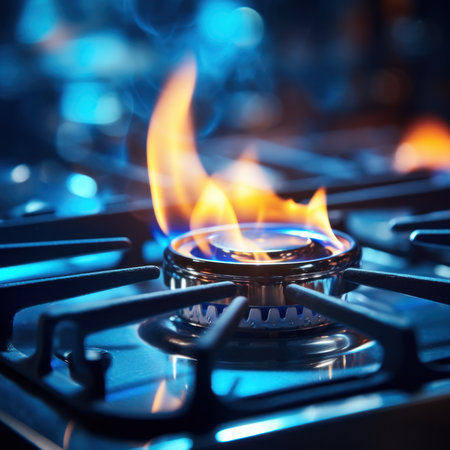 A close up of a gas stove with flames coming out, AIの素材