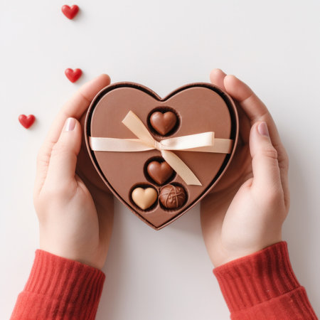 A person holding a heart shaped box with candy inside, AIの素材