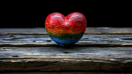 A rainbow colored heart shaped rock sitting on a wooden table, AIの素材