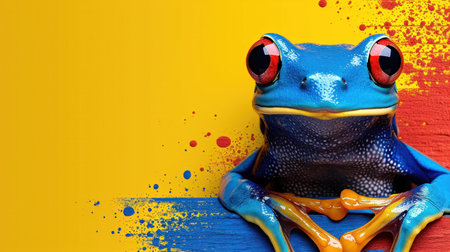 A blue and yellow frog sitting on a wooden post, AIの素材