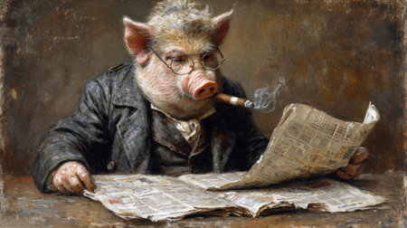 A painting of a pig smoking and reading the newspaper, AIの素材