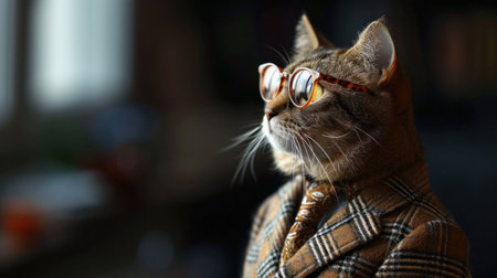 A cat wearing glasses and a suit standing in front of window, AIの素材