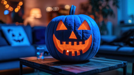 A carved pumpkin sitting on a table with an orange light shining through it, AIの素材