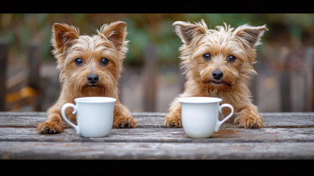 Two small dogs sitting on a wooden table with coffee cups, AIの素材