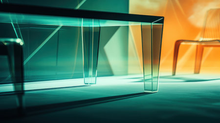 A close up of a chair and table in the middle of an empty room, AIの素材