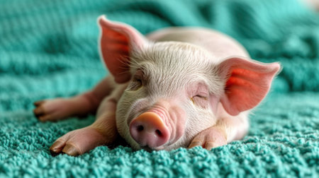 A small pig laying on a green blanket with its eyes closed, AIの素材
