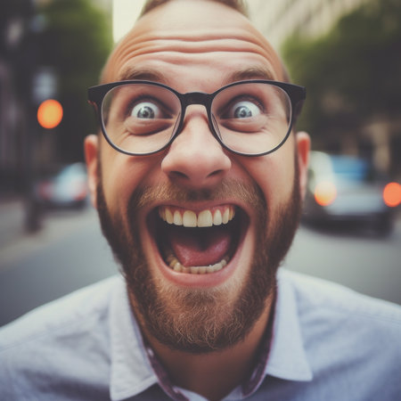 A man with glasses and a beard making an expression, AIの素材