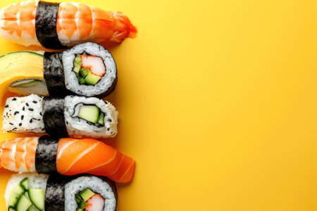 A close up of sushi on a yellow background with copy space, AIの素材