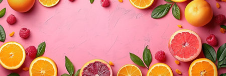 A pink background with oranges, raspberries and other fruits, AIの素材