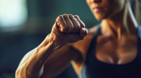 A woman in a black sports bra is flexing her fist, AIの素材