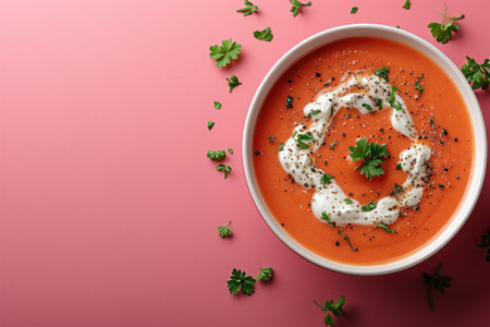 A bowl of soup with cream and garnish on a pink background, AIの素材