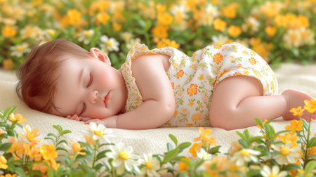 A baby sleeping in a field of flowers with yellow and white petals, AIの素材