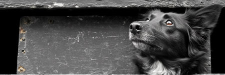 A black and white photo of a dog looking out the window, AIの素材