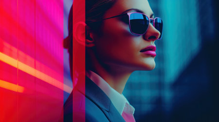 A woman in a suit and sunglasses with her lips painted, AIの素材