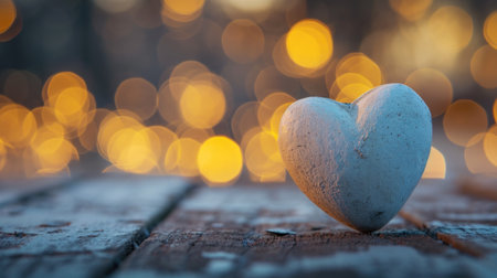 A heart shaped rock sitting on a wooden table with bokeh lights in the background, AIの素材