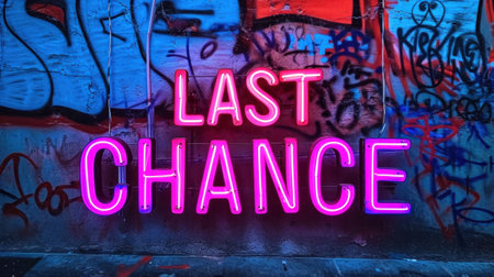 A neon sign that says last chance in front of a graffiti wall, AIの素材