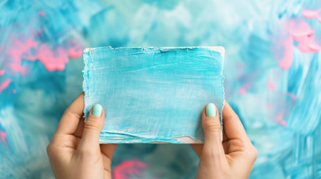 A person holding a piece of paper in front of blue and pink flowers, AIの素材