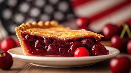 A piece of cherry pie on a plate with an american flag, AIの素材