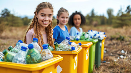 Three girls are sitting in a field with trash cans, AIの素材