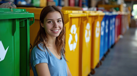 A woman smiling next to a row of recycling bins, AIの素材