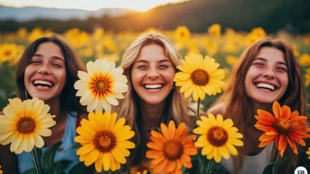 Three women smiling in a field of sunflowers, AIの素材