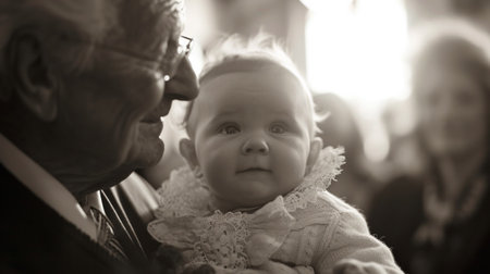 A baby is being held by an older man in a crowd, AIの素材