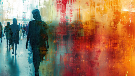 A group of people walking down a hallway in an art gallery, AIの素材