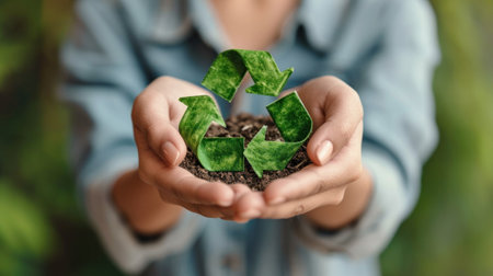 A person holding a green recycling symbol in their hands, AIの素材