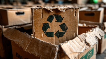 A cardboard box with a recycle symbol on it sitting in the middle of several boxes, AIの素材