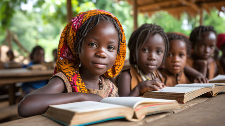 A group of children sitting at a table with books, AIの素材