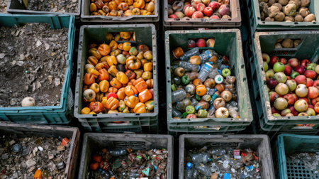 A bunch of crates filled with different types and sizes of fruit, AIの素材