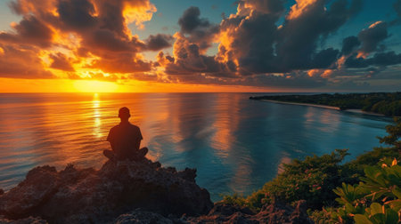 A person sitting on a rock overlooking the ocean at sunset, AIの素材