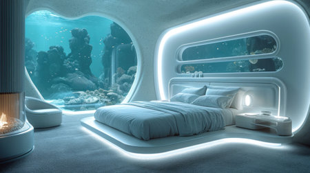 A bedroom with a bed and fireplace in the middle of it, AIの素材