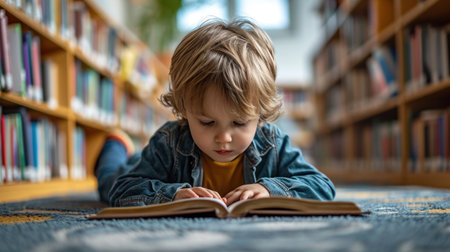 A young boy is reading a book on the floor in front of bookshelves, AIの素材