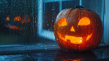 A carved pumpkin sitting on a window sill with rain drops, AIの素材