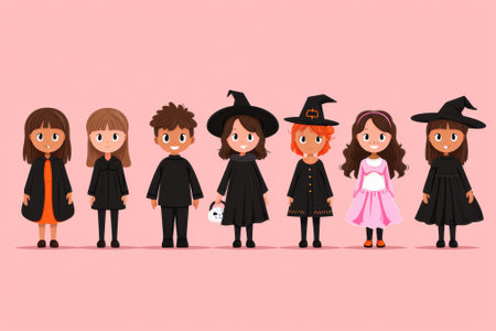 A group of children dressed in witch costumes on pink background, AIの素材