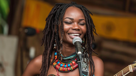 A woman with dreadlocks playing a guitar and singing into the microphone, AIの素材