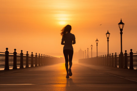 A woman running on a bridge at sunset with the sun setting behind her, AIの素材