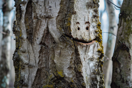 A tree with a smile painted on its face in the woods, AIの素材