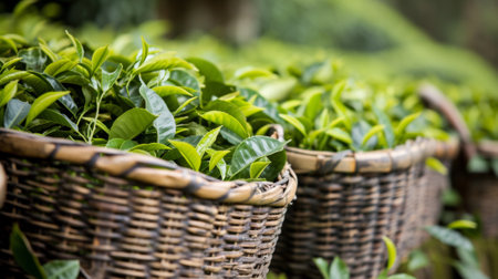 A bunch of baskets filled with green leaves and plants, AIの素材