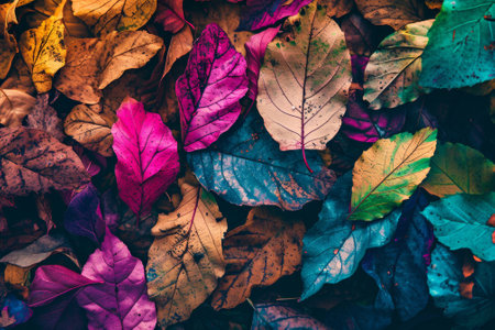 A pile of colorful leaves are scattered on the ground, AIの素材