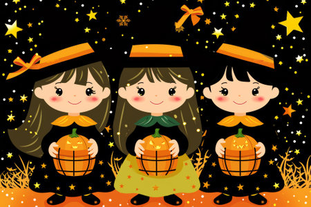 Three little girls dressed as witches holding pumpkins on a starry night, AIの素材