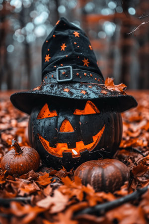 A pumpkin with a witch hat sitting in the leaves, AIの素材