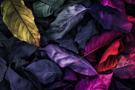 A close up of a pile of colorful leaves on the ground, AIの素材