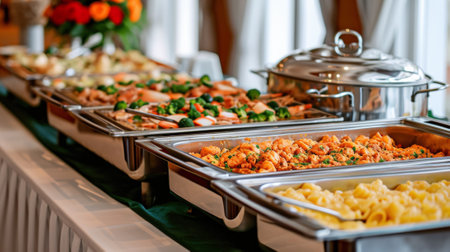 A buffet table with several trays of food on it, AIの素材