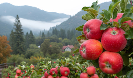 A bunch of apples are growing on a tree in the forest, AIの素材