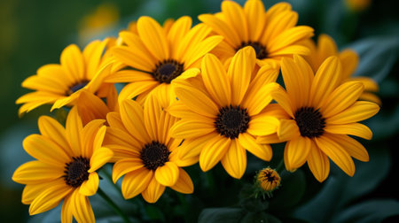 A close up of a bunch of yellow flowers with black centers, AIの素材