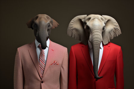 Two men wearing elephant masks and suits with human heads, AIの素材