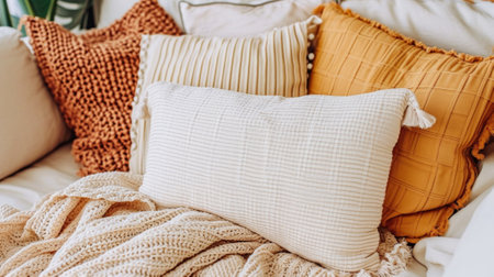 A pile of pillows on a couch with blankets, AIの素材